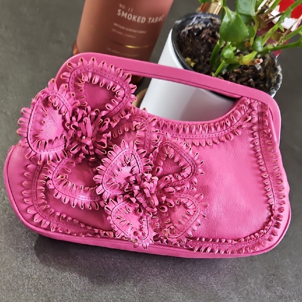Isabella Fiore Pink Leather Satchel Clutch Bag Floral Applique - Picture 9 of 10